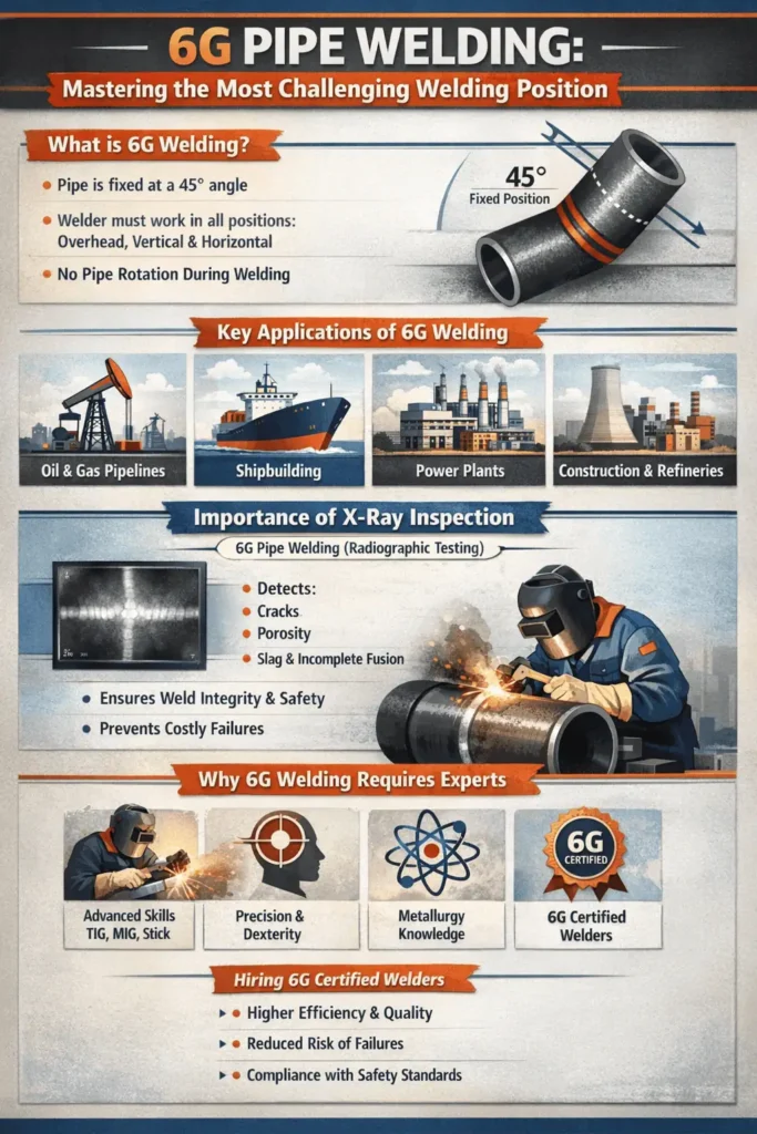 6G pipe welding infographic with 45-degree position and X-ray inspection