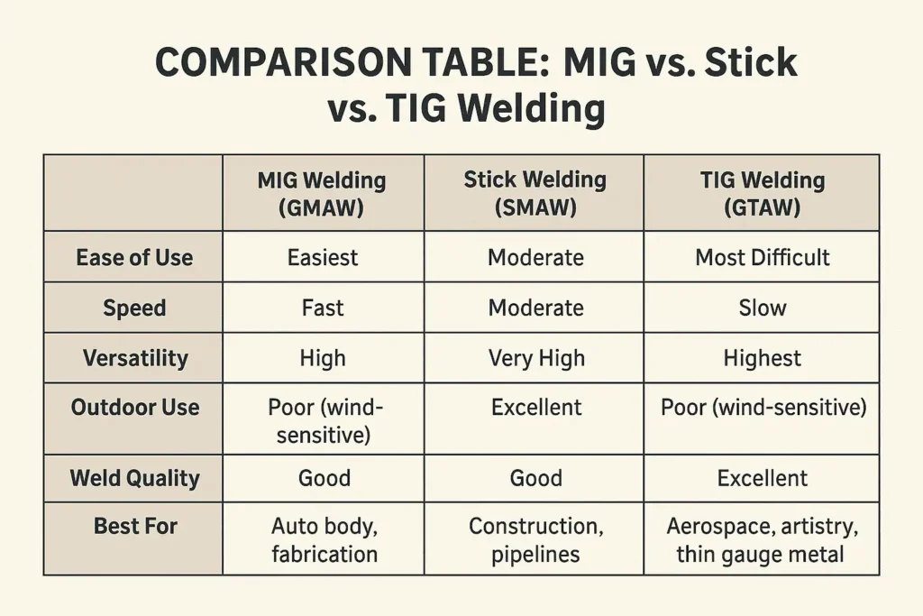 comparission table between MIG vs Stick vs TIG