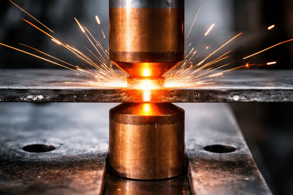 Industrial spot welding machine joining metal sheets with heat