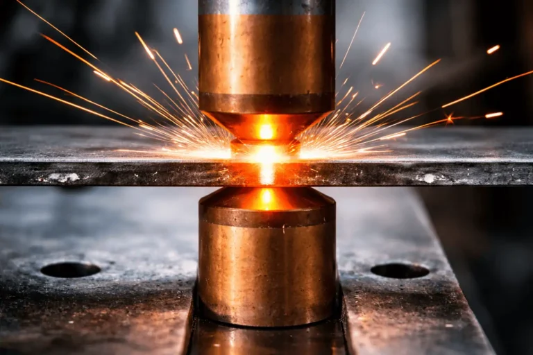 Industrial spot welding machine joining metal sheets with heat