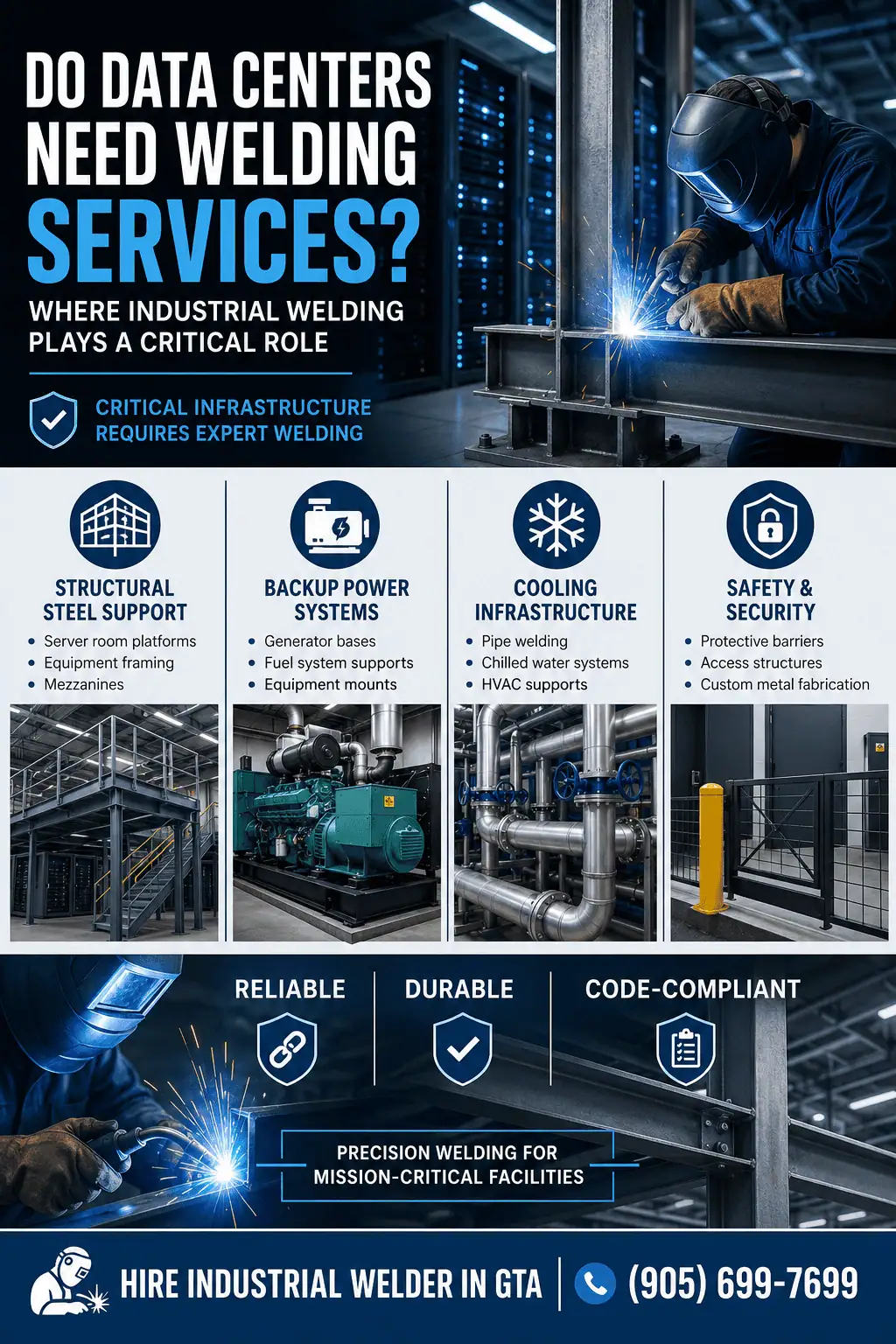 Industrial Welding for Data Centers: Structural Steel, Pipe Welding & Custom Fabrication infographic showing importance of industrial welding in data centers in Ontario