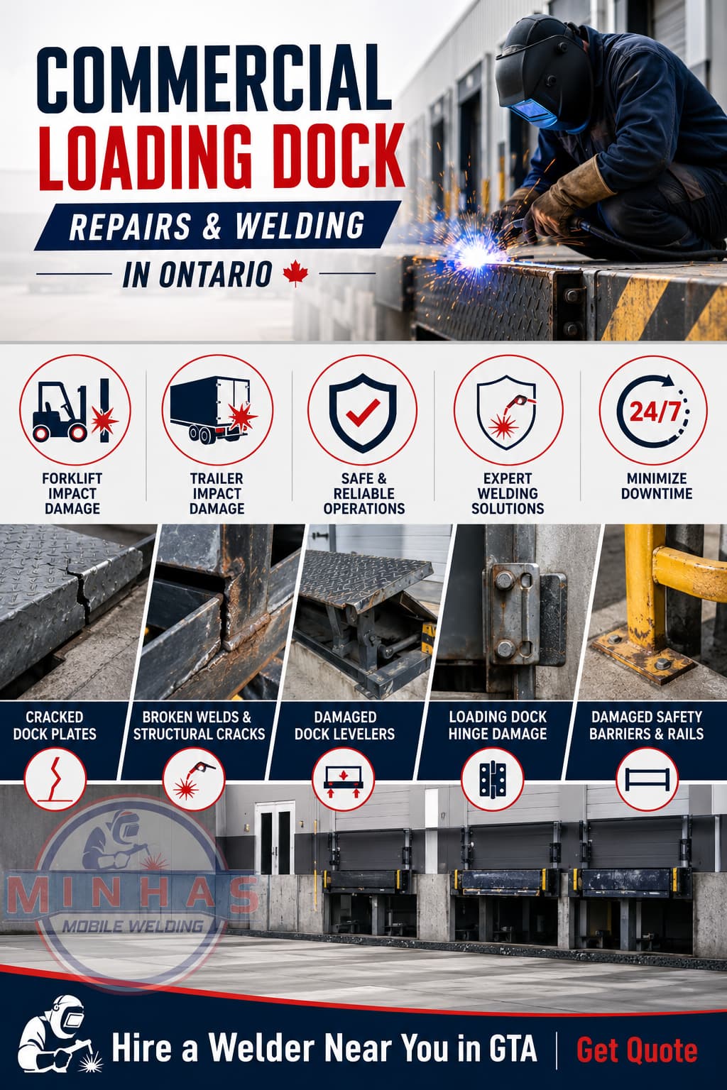 Infographic showing common commercial loading dock problems including cracked dock plates, broken welds, damaged dock levelers, hinge failures, and safety barrier repairs with professional mobile welding solutions across Ontario and the GTA.