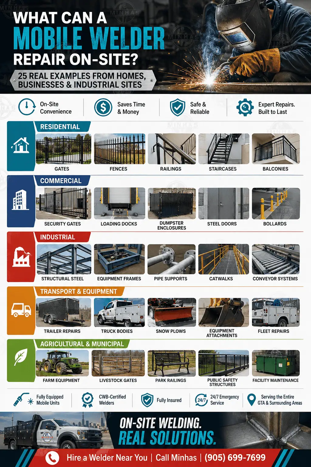 25 Common Repairs Handled by Mobile Welders in the Gta infographic showing residential, commercial, industrial, trailer, farm, and structural welding repairs across the greater toronto area.